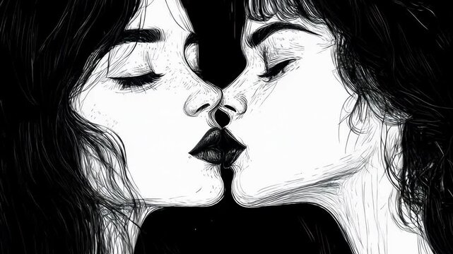 two women in retro fashion, embracing and sharing a kiss, a moment of affection sketch engraving generative ai fictional character raster . Scratch board imitation. Black and white Video