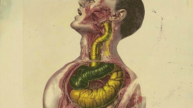 Medical diagram shows cross-section of a human torso with esophagus and stomach; acid reflux depicted in green-yellow. 
