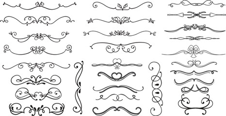 PrintPrintLine dividers. Decorative swirl text separators, vintage divider. Victorian flourishes line calligraphic swirly filigree decoration editable.