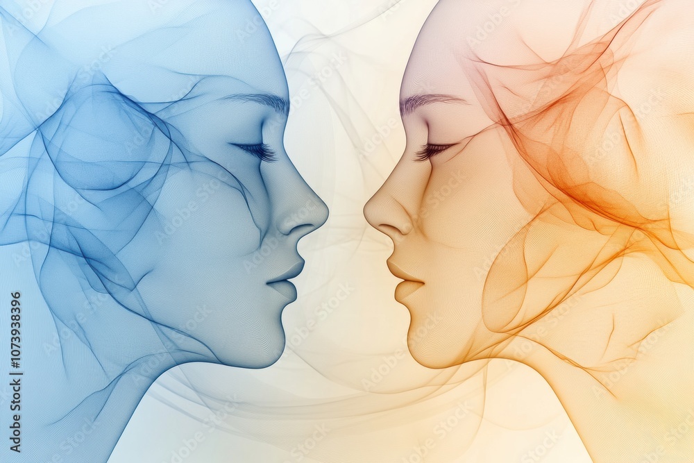 Poster this artwork features two abstract silhouettes of faces in soft pastel shades, symbolizing deep comm