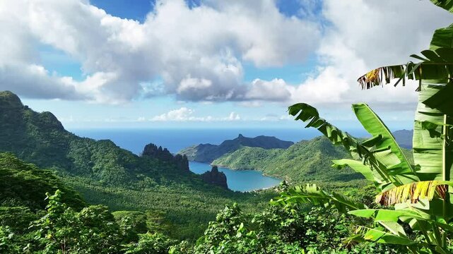 Drone Marquesas Islands. Aerial view Nuku Hiva island in French Polynesia. Green jungle mountain forest of the largest island in Marquesas.  Exotic vacation tourism destination.