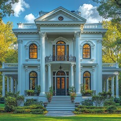 Obraz premium Luxury Two-Story White House with Front Porch, Large Windows, and Vibrant Greenery Under Blue Sky