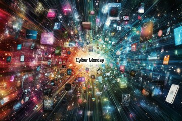 CYBER MONDAY logo. Dynamic banner showing Cyber Monday logo surrounded by various items like headphones, smartphones, shoes, handbags, televisions. Horizontal banner. Web. Screen. 