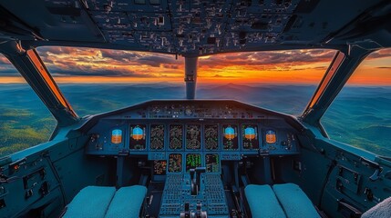 Sunset view over the Blue Ridge Mountains seen from a private aircraft cockpit. 
