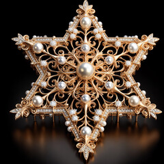 Snowflake, star in the form of a luxurious openwork jewelry made of gold, decorated with precious stones, diamonds and pearls. On a black background.