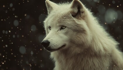 Obraz premium A majestic white wolf gazes gracefully amidst falling snowflakes in the forest