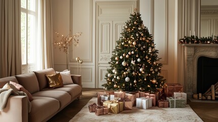 A beautifully decorated Christmas interior with an elegant Christmas tree decorated with gold and silver toys, lights and shiny decorations.