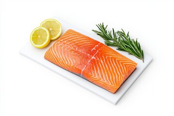 Salmon Fillet with Lemon and Rosemary. Fresh salmon fillet with lemon slices and rosemary sprig on a white cutting board, isolated on a white background