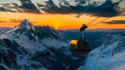 Cable car gondola at ski resort with snowy mountains on background. Generative Ai Video