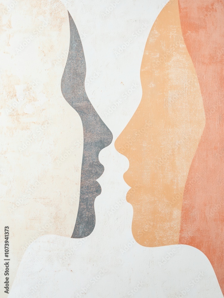 Poster Two abstract silhouettes in soft colors face each other, symbolizing meaningful communication and deep empathy between individuals. Generative AI