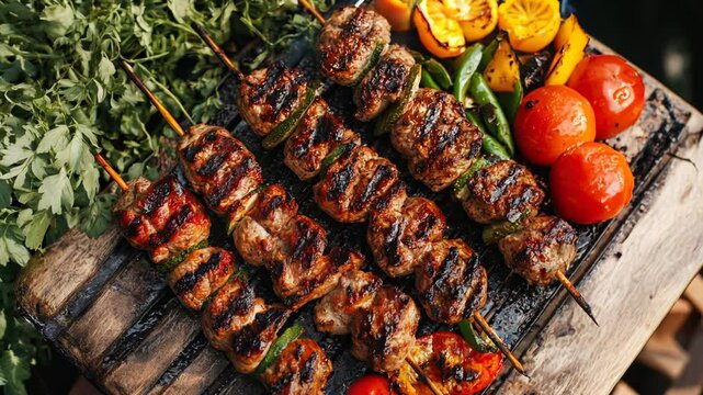 Fresh kebab and vegetables. Summer barbecue party Video