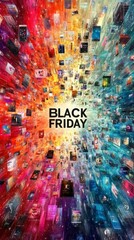 Obraz premium BLACK FRIDAY logo. Dynamic banner showing Black Friday logo surrounded by various items like headphones, smartphones, shoes, handbags, televisions. Vertical banner. Web. Screen. 