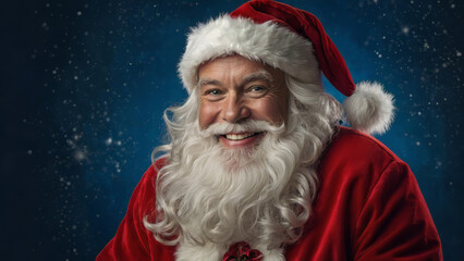 Smiling Santa Claus Portrait in Red Suit with Blue Background and Yellow Accents