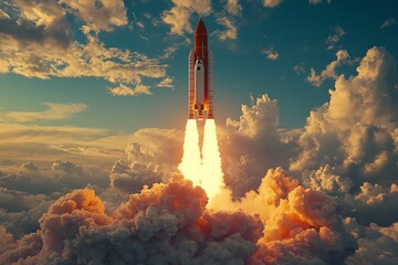 Retro Rocket Launch, Glowing Thrusters and Billowing Exhaust Against a Bold Gradient Sky