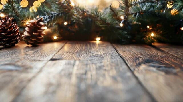 Empty wooden table with christmas theme in background Video