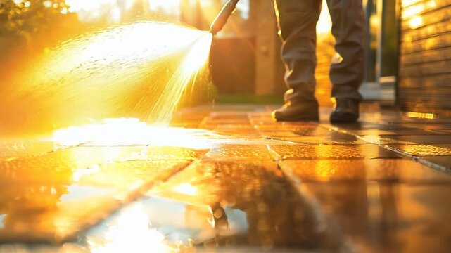 Person Cleaning Patio With Pressure Washer in a Landscaped Garden on a Sunny Afternoon Video