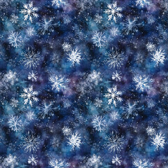 Fototapeta premium Watercolor seamless pattern with white snowflakes on the blue background. New Year and Christmas holidays. Wrapping paper, Packaging pattern
