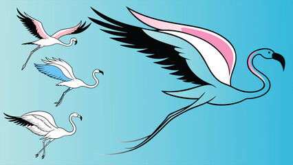 Illustrated flamingos gracefully flying against a bright blue backdrop. The elegant birds showcase vibrant pink and blue wings, evoking a sense of freedom and beauty in motion.