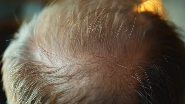 Closeup of a man experiencing hair thinning on head scalp issues. Challenges of hair loss and baldness, with a focus on treatment care for improving hair health, alopecia problem Video