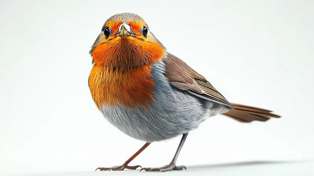 European robin standing on a surface, displaying its vibrant orange chest and brown feathers, isolated on a white background Generative AI Video