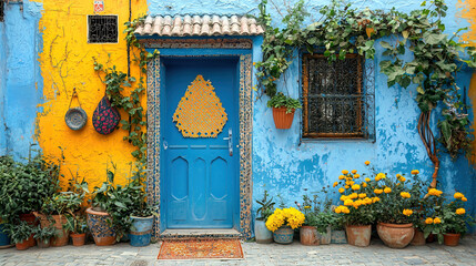 A vibrant and colorful scene from Chefchaouen, Morocco. A blue door with intricate tilework stands out against the yellow and blue walls, adorned with hanging baskets and potted plants.