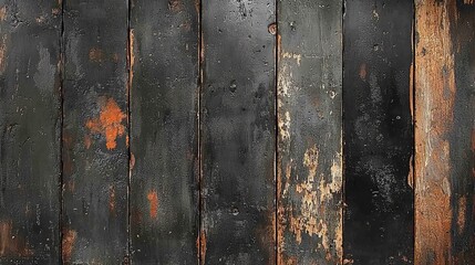 A weathered wooden wall with dark and rusty textures.