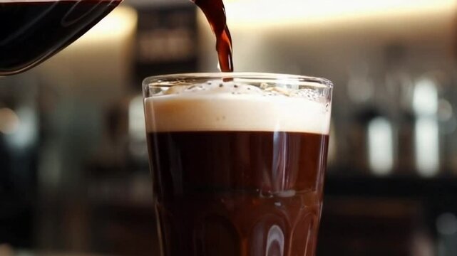 Close-up of nitro cold brew with rich coffee cascading through the glass, creating a frothy top, set against an industrial-style coffee shop background.