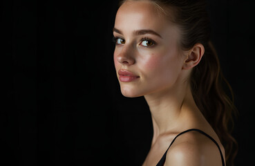Fototapeta premium Portrait of a young woman with long hair gathered at the back of her head on a dark background