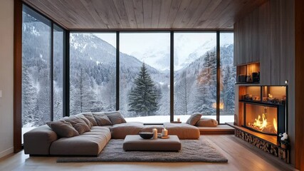 Cozy modern winter living room interior. Cozy house in the mountains Video