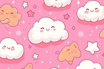 kawaii style cute cloud patterns with smiling faces and pastel colors for children's designs