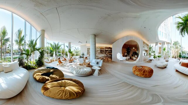 An immersive 360-degree equirectangular projection spherical panorama of a collaborative co-living space, with shared amenities, community-focused design, and Video