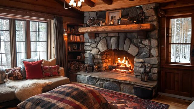 of a cozy fireplace with stonewall Video