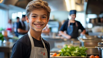 Curious teen boy participating in culinary workshop led by professional chefs for tweens and learning how to cook Video