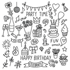 Set of linear objects on the theme of birthday celebration.Black outlines isolated on white background.Vector doodle elements for card,banner template,pattern.Coloring page. Graphic illustration.