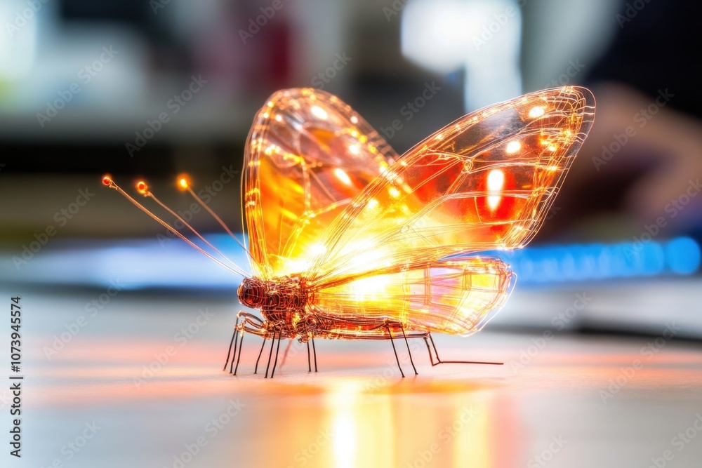 Poster a glowing butterfly robot illuminates a workspace with vibrant colors during a creative project
