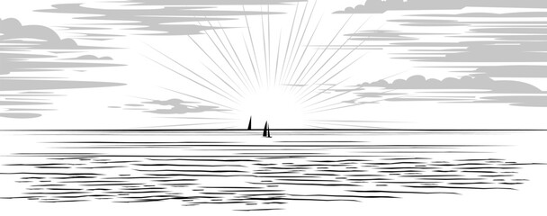 Yachts on horizon. Sunrise. Seascape with water and waves. Image of black silhouette isolated on white background. Vector
