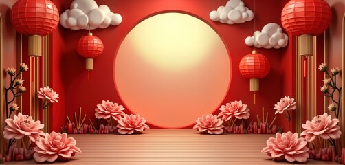 Red Chinese New Year decor. Lanterns, flowers, and clouds adorn a room with a circular empty space. The scene is festive and bright, perfect for a celebration backdrop.