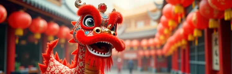 Red dragon costume at New Year celebration. Traditional Chinese New Year dragon dance. Festive decorations, red lanterns, and cultural art. Asian tradition and celebration.