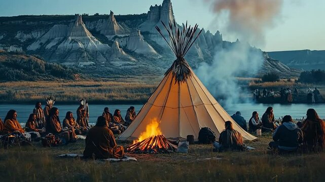 Native American Tribe Gathered Around Campfire in Front of Teepee