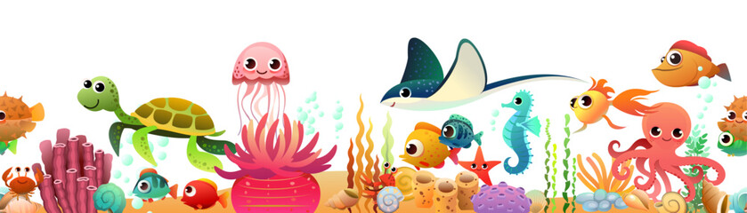 underwater world of animals, fish and plants. Tropical species. Picture horizontally seamless. Object isolated on white background. Cartoon fun style Illustration vector