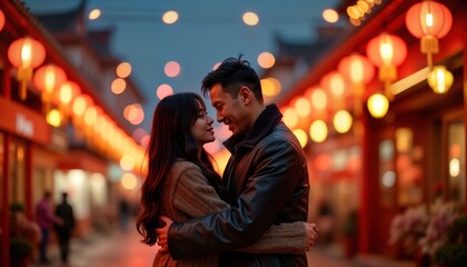 Couple embrace in front of red lanterns. Asian man, woman hug each other in street, enjoy romantic moment. Street decorated with festive lights, celebrate Chinese New Year, Lunar festival.