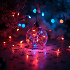 A shimmering Christmas orb, illuminated by warm red and cool blue lights.