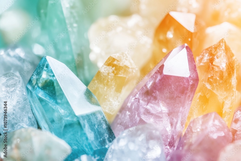 Poster A Colorful Array of Mineral Crystals Sparkling Under Soft Light at a Serene Natural Setting