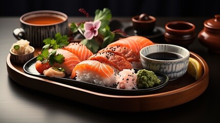 A plate of salmon sushi with soy sauce, wasabi, pickled ginger, and a cup of green tea.