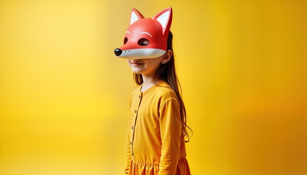 Little girl wears red fox mask, stands in studio with yellow background. Looks playful, creative, happy. Portrait of childhood imagination, creativity, fun costume idea, perfect for kid fashion,