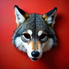Naklejka premium Wolf head mask on red background. Furry wolf costume accessory for roleplaying or cosplay. Animal mask for theatre performance. Creative design for fun events, art, fashion and lifestyle.