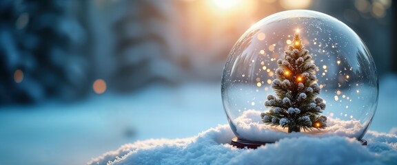 Snow globe with Christmas tree inside. Small fir covered in snow and lit with warm lights. Globe rests on winter landscape. Snowy background. Festive, wintery, magical, holiday theme.