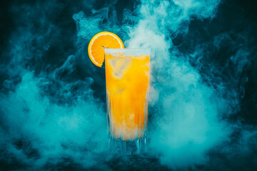 Orange cocktail with ice and smoke on dark background