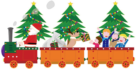 クリスマスにサンタクロースとトナカイが蒸気機関車でプレゼントを渡しているイラスト素材です。