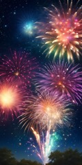 Dazzling display of fireworks bursting in a variety of colors against the night sky, symbolizing celebration festivity